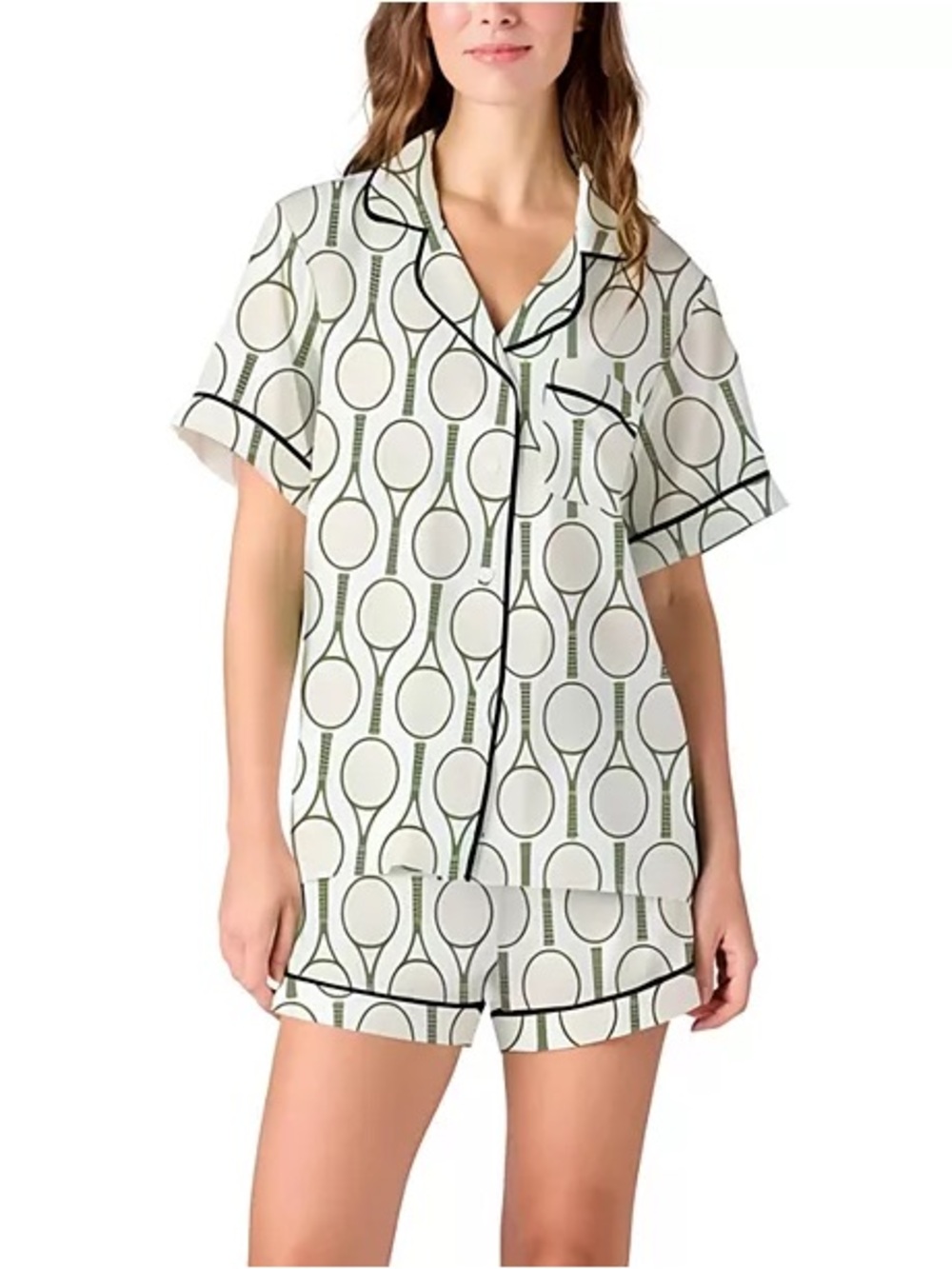 Katie Kime White Pajama Set with Green Tennis Racket Print